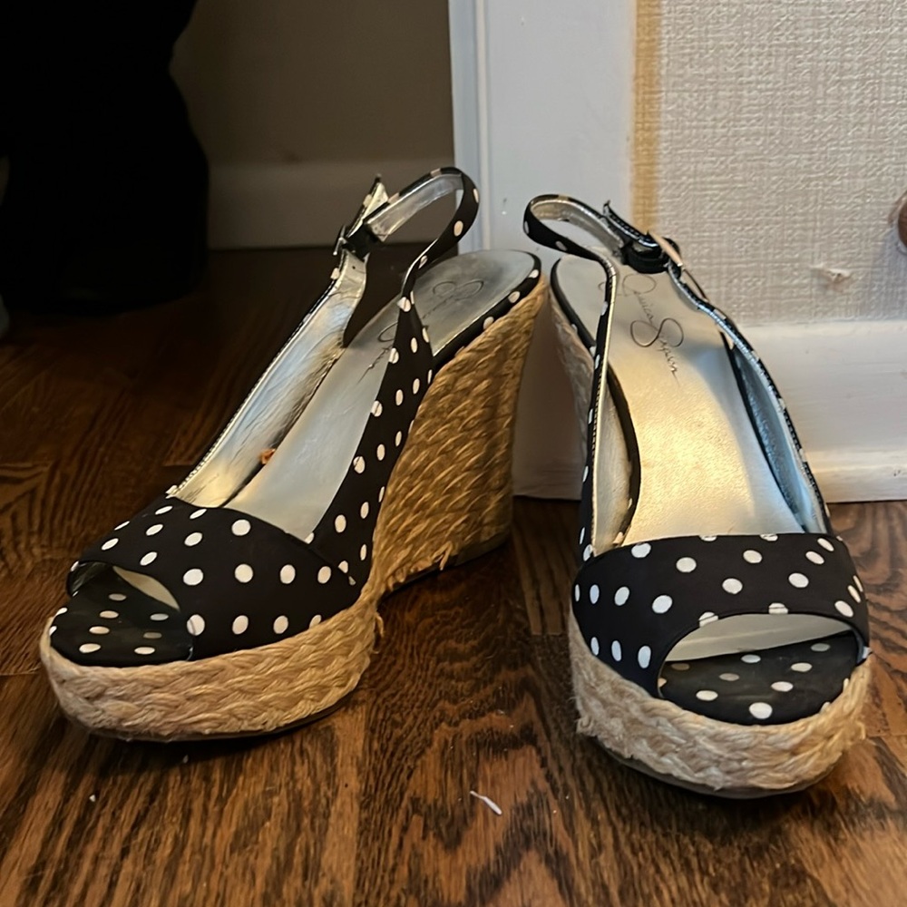Jessica Simpson Black and White Polka Dot Espadrille Sling Back Wedges